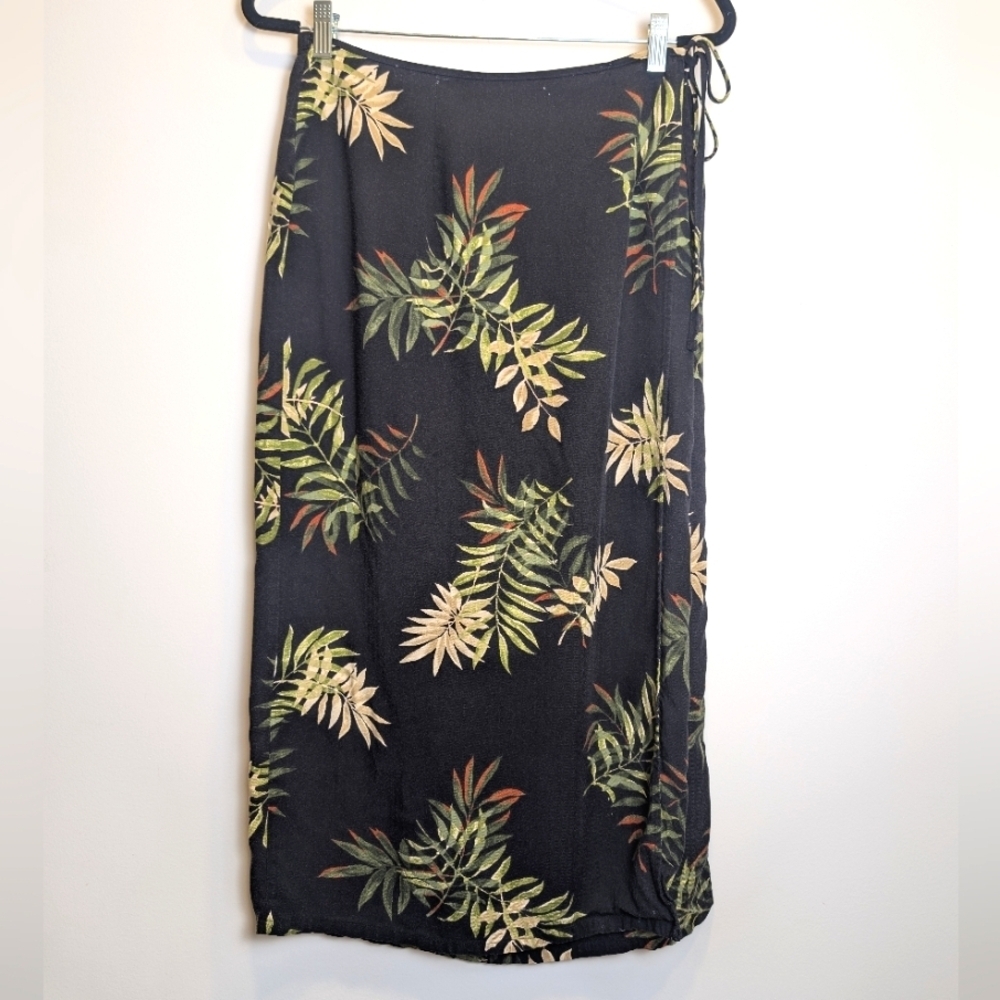 Jaclyn Smith Vintage Black Tropical Palm Leaves True Wrap Midi Skirt Size Large